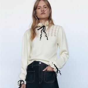 Zara Sweater White Crochet Lace Knit Ruffle Neck Feminine Delicate S